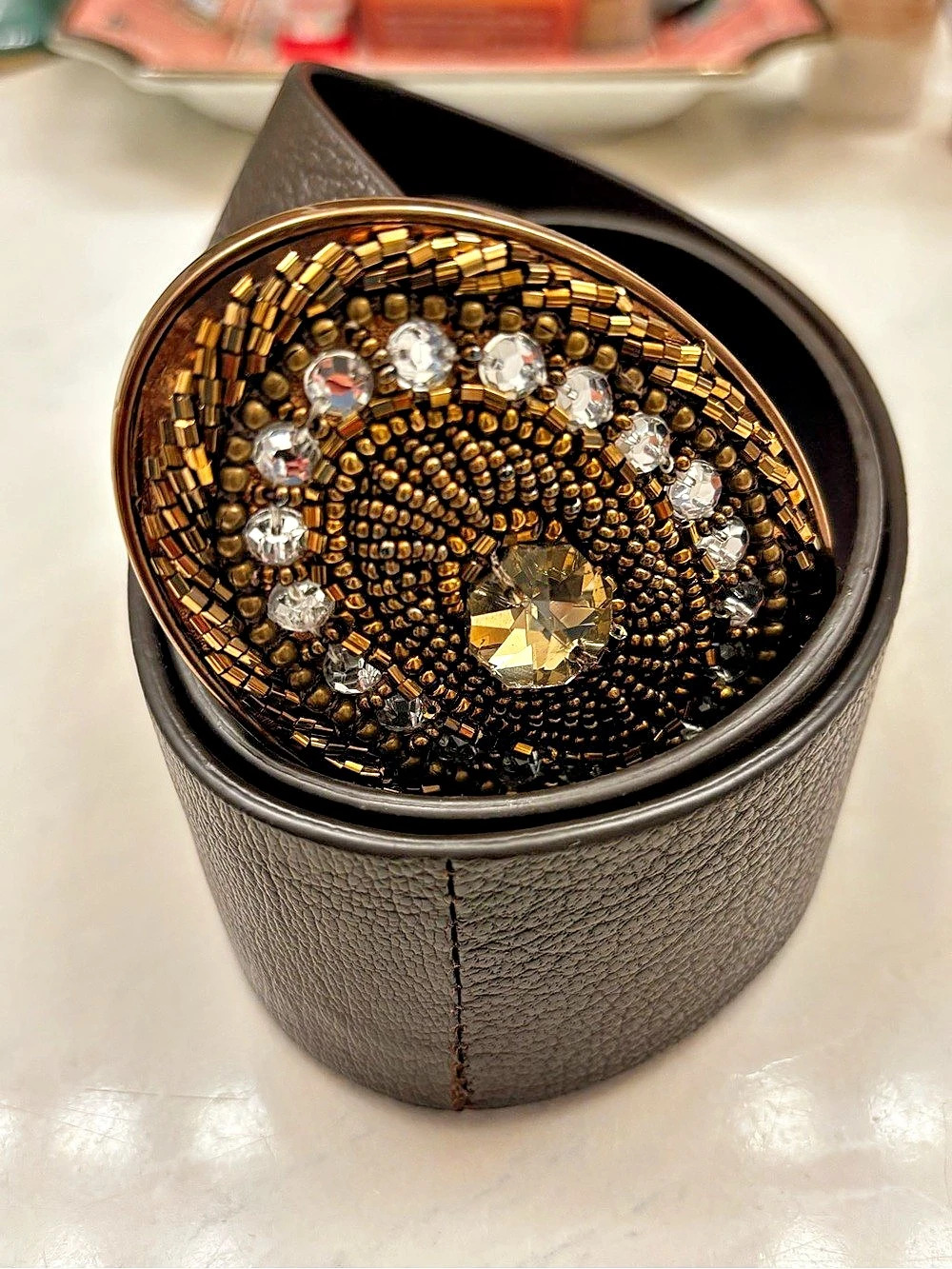 Chico's Big Rhinestone Embellished Buckle Real Leather Belt in Brown size S